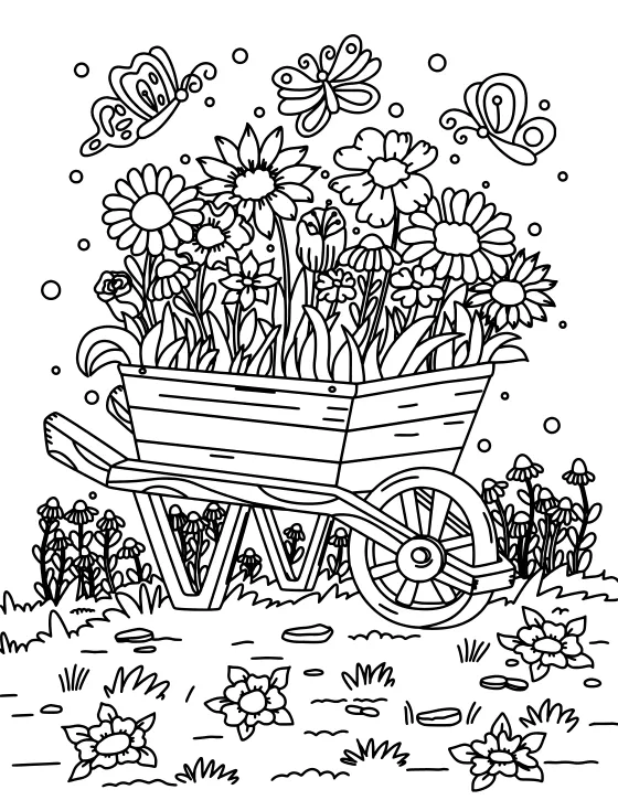 Wheelbarrow of flowers, the Bold version: thicker, darker lines and fewer tiny details