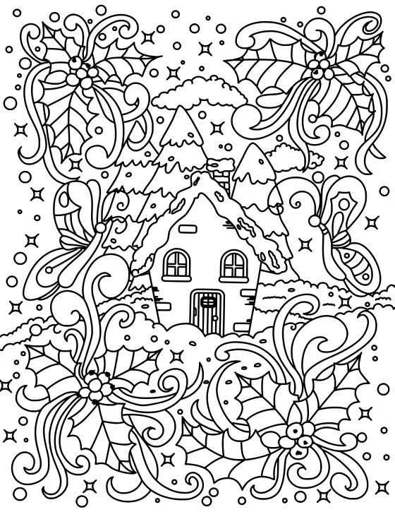 Snowy cottage, the Bold version: thicker, darker lines and fewer tiny details