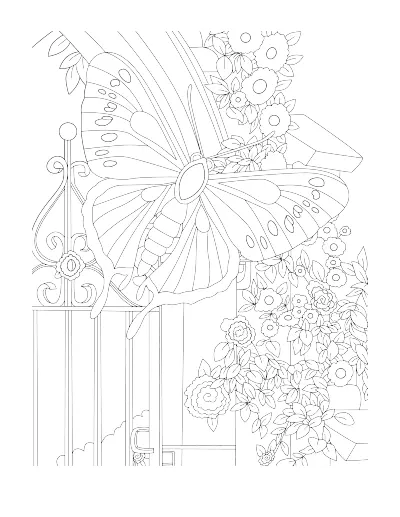 Coloring page of a butterfly at a lattice garden gate, with flowers. Regular version.