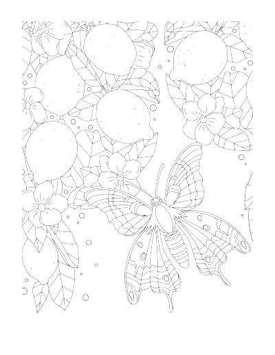 Coloring page of a butterfly among lemons and blossoms, in an all-over pattern. Regular version.