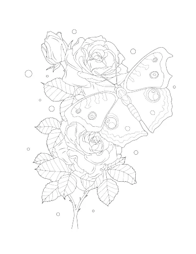 Coloring page of a butterfly on a single rose. Regular version.