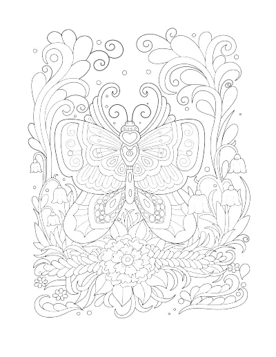 Coloring page of a butterfly framed by a dense border of flowers. Regular version.