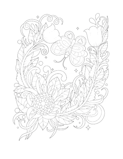 Coloring page of a sunflower, two tulips, and a butterfly in an all-over pattern. Regular version.