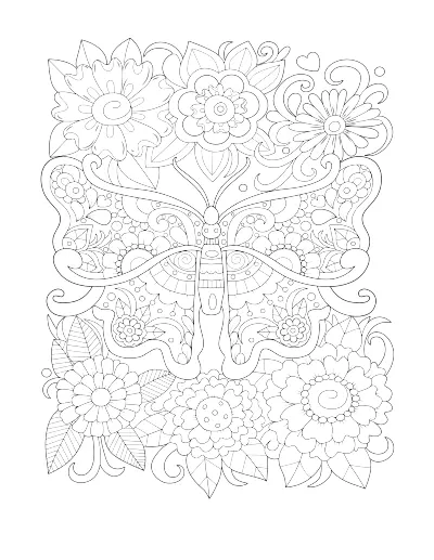 Coloring page of a butterfly with flowers on every side, the same left and right. Regular version.