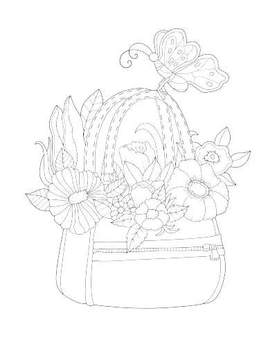Coloring page of a tote bag with flowers and a butterfly on it. Regular version.