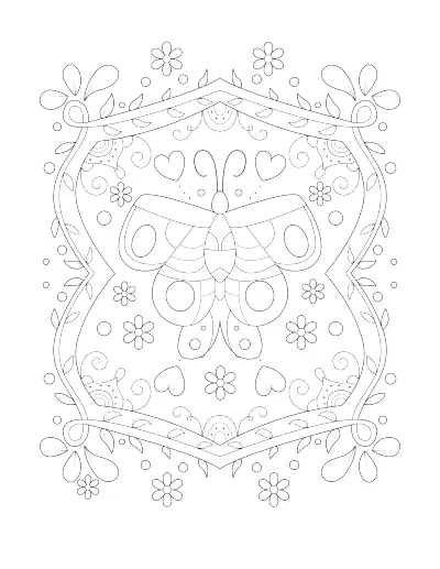 Coloring page of a butterfly inside an ornate, patterned frame. Regular version.