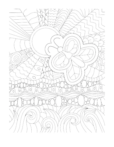 Coloring page of a big four-petal bloom with sun rays and scalloped waves below. Regular version.