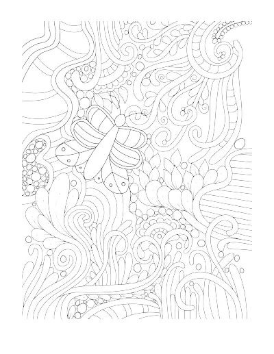 Coloring page of a butterfly in a dense pattern of swirls. Regular version.