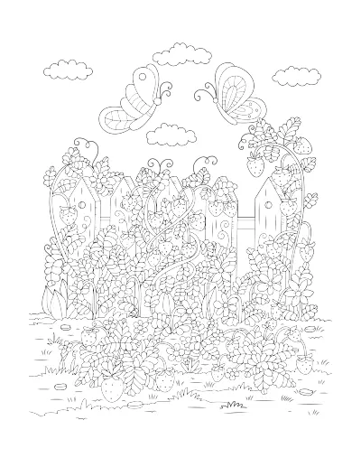 Coloring page of strawberries climbing a picket fence. Regular version.