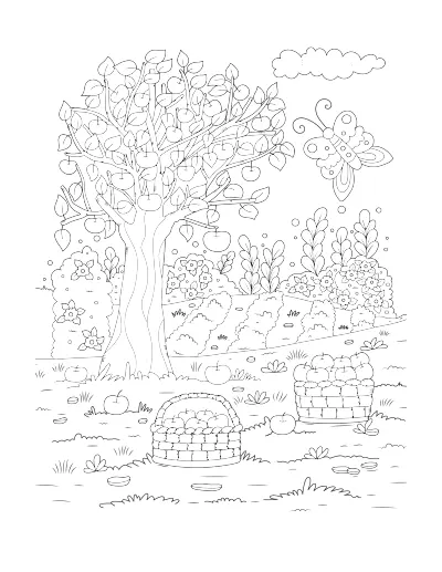 Coloring page of an apple tree in a meadow with two baskets of apples. Regular version.