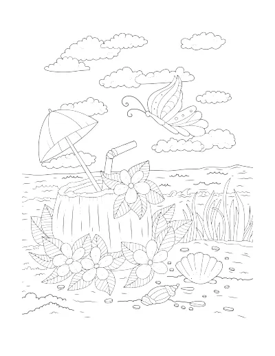 Coloring page of a coconut drink with a little umbrella and a shell, on the beach. Regular version.
