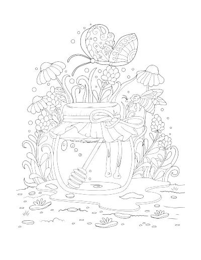 Coloring page of a honey jar with a dipper and a bee. Regular version.