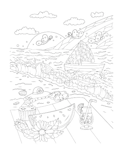 Coloring page of a seaside picnic with watermelon, a sun hat, and a sailboat. Regular version.
