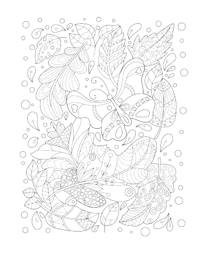 Coloring page of autumn leaves filling the page, with a butterfly. Regular version.