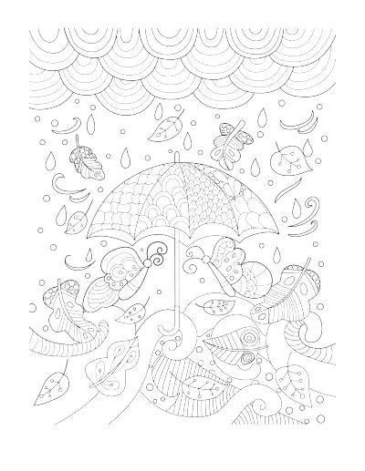 Coloring page of an open umbrella with raindrops and falling leaves. Regular version.