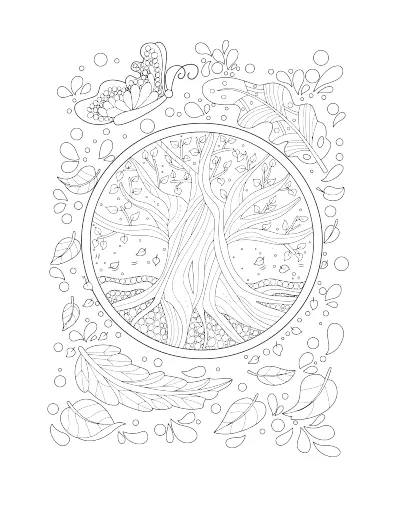 Coloring page of a tree inside a circle, with leaves all around. Regular version.