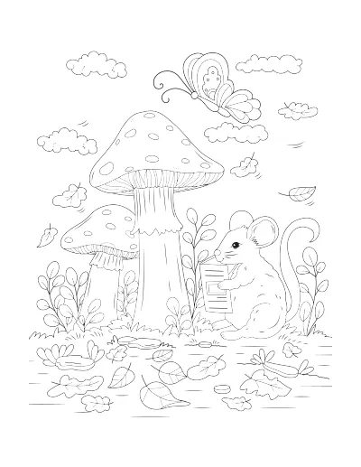 Coloring page of a mouse among mushrooms, with clouds above. Regular version.