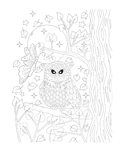 Coloring page of an owl in a tree at night, with leaves and stars. Regular version.