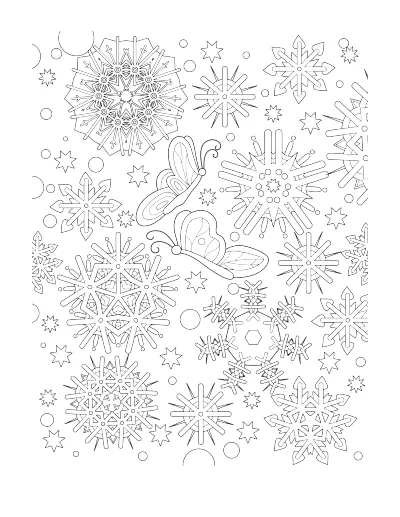 Coloring page of a pattern of snowflakes with butterflies. Regular version.