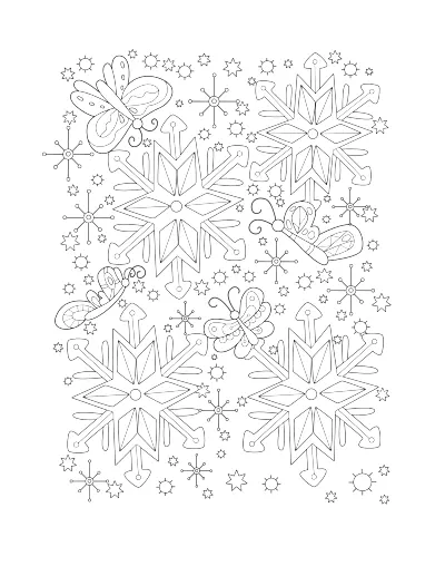 Coloring page of large snowflakes covering the whole page. Regular version.