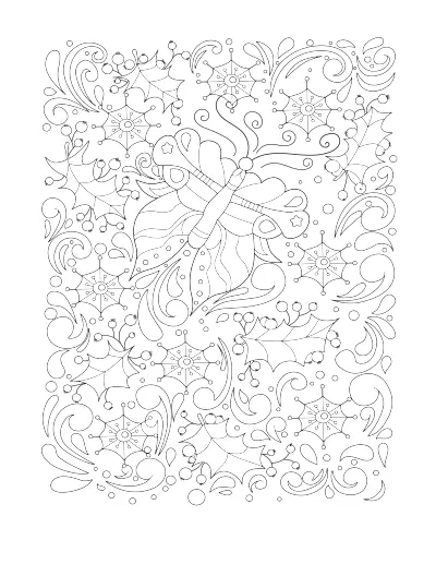 Coloring page of a winter swirl pattern with a butterfly. Regular version.