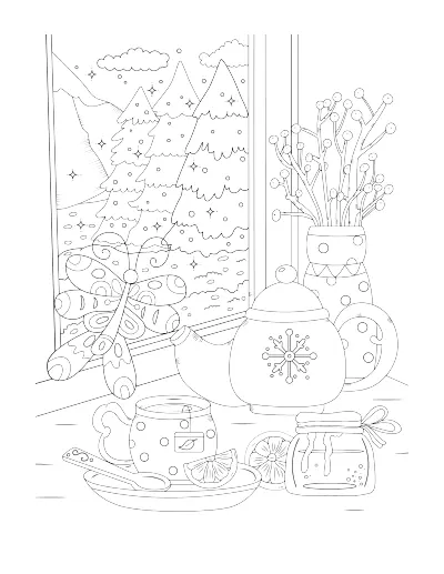 Coloring page of tea, lemon, and honey by a snowy window. Regular version.
