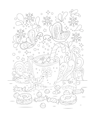 Coloring page of a mug of cocoa with snowflakes and butterflies. Regular version.