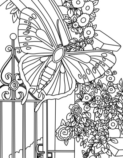 Coloring page of a butterfly at a lattice garden gate, with flowers. Bold version, with thicker lines.