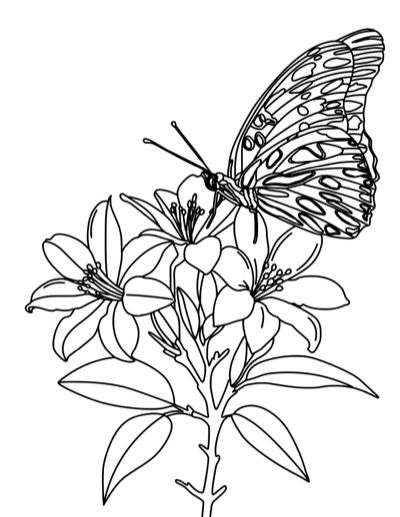 Coloring page of a butterfly on a lily. Bold version, with thicker lines.