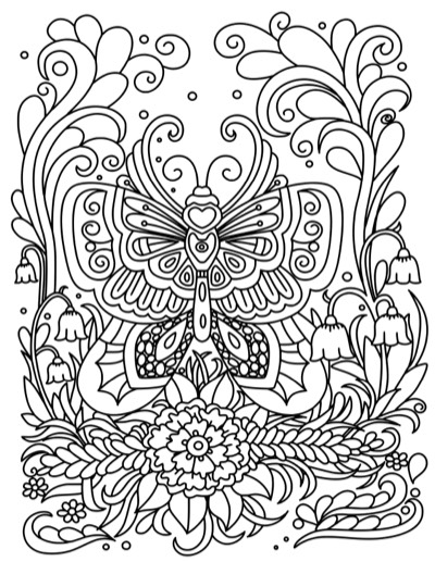 Coloring page of a butterfly framed by a dense border of flowers. Bold version, with thicker lines.