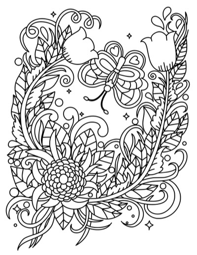 Coloring page of a sunflower, two tulips, and a butterfly in an all-over pattern. Bold version, with thicker lines.