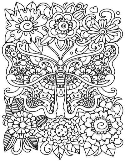 Coloring page of a butterfly with flowers on every side, the same left and right. Bold version, with thicker lines.
