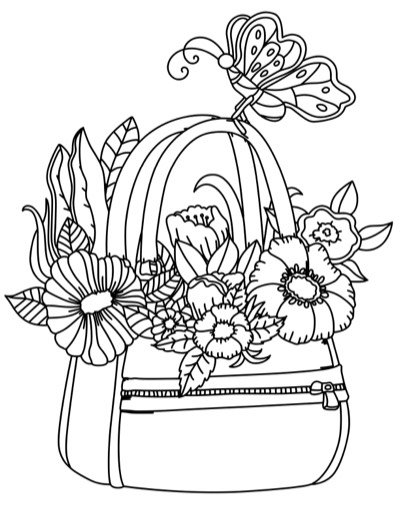 Coloring page of a tote bag with flowers and a butterfly on it. Bold version, with thicker lines.