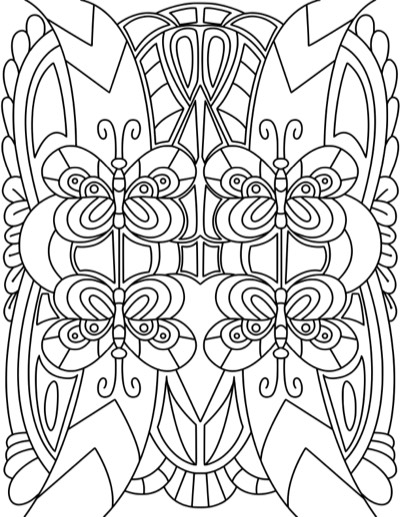 Coloring page of a mirrored floral pattern, the same on both sides. Bold version, with thicker lines.