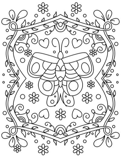 Coloring page of a butterfly inside an ornate, patterned frame. Bold version, with thicker lines.