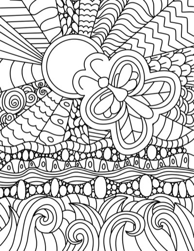 Coloring page of a big four-petal bloom with sun rays and scalloped waves below. Bold version, with thicker lines.