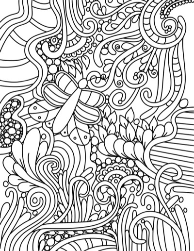 Coloring page of a butterfly in a dense pattern of swirls. Bold version, with thicker lines.