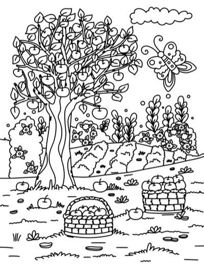 Coloring page of an apple tree in a meadow with two baskets of apples. Bold version, with thicker lines.
