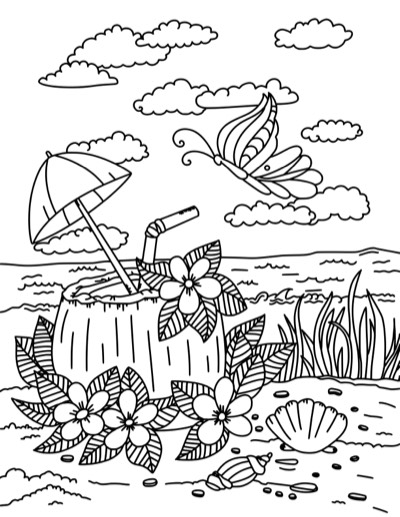 Coloring page of a coconut drink with a little umbrella and a shell, on the beach. Bold version, with thicker lines.