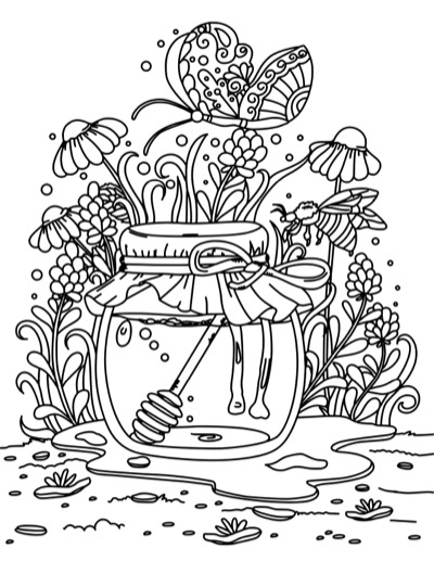 Coloring page of a honey jar with a dipper and a bee. Bold version, with thicker lines.