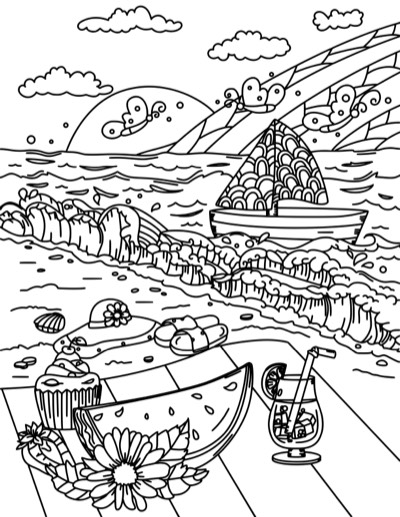 Coloring page of a seaside picnic with watermelon, a sun hat, and a sailboat. Bold version, with thicker lines.