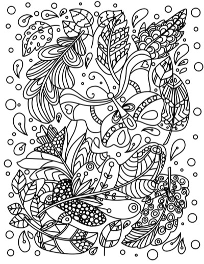 Coloring page of autumn leaves filling the page, with a butterfly. Bold version, with thicker lines.