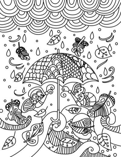 Coloring page of an open umbrella with raindrops and falling leaves. Bold version, with thicker lines.