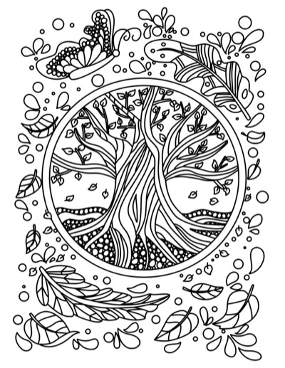 Coloring page of a tree inside a circle, with leaves all around. Bold version, with thicker lines.
