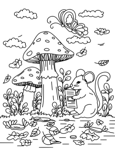 Coloring page of a mouse among mushrooms, with clouds above. Bold version, with thicker lines.