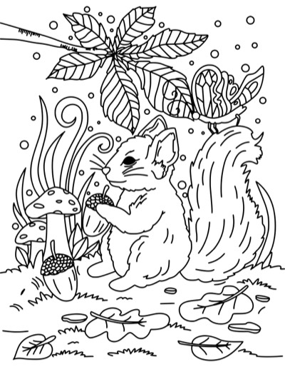 Squirrel and acorns, the Bold version: thicker, darker lines and fewer tiny details