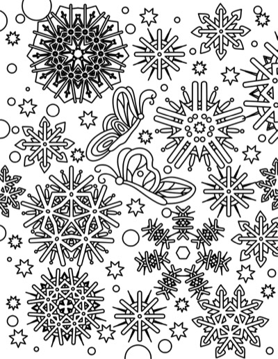 Coloring page of a pattern of snowflakes with butterflies. Bold version, with thicker lines.