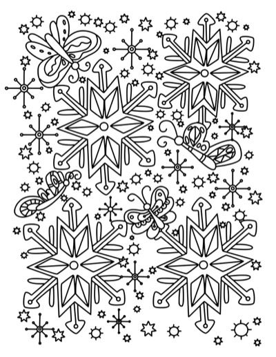 Coloring page of large snowflakes covering the whole page. Bold version, with thicker lines.