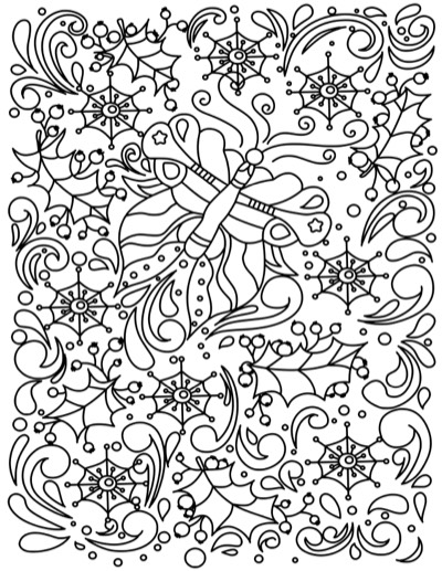 Coloring page of a winter swirl pattern with a butterfly. Bold version, with thicker lines.