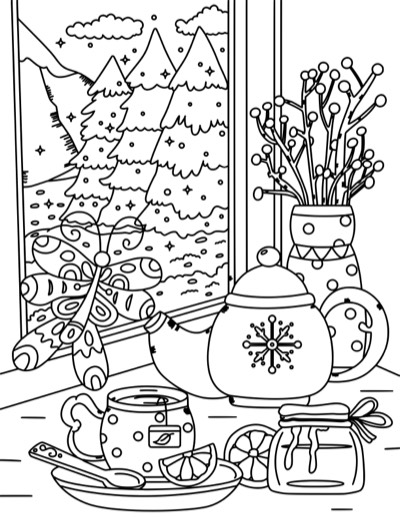 Coloring page of tea, lemon, and honey by a snowy window. Bold version, with thicker lines.